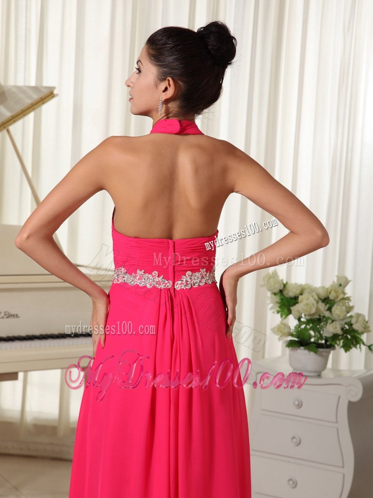 Halter V-neck Appliques Accent Prom Gown with Ruffles and Ruches in Coral Red