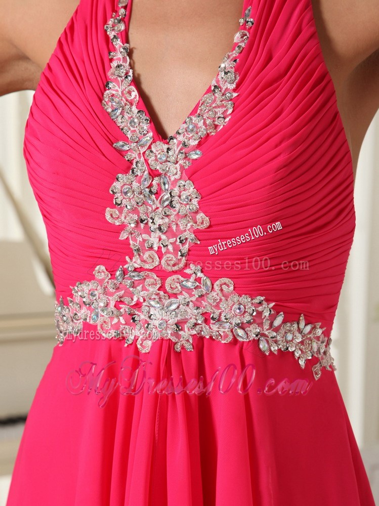 Halter V-neck Appliques Accent Prom Gown with Ruffles and Ruches in Coral Red