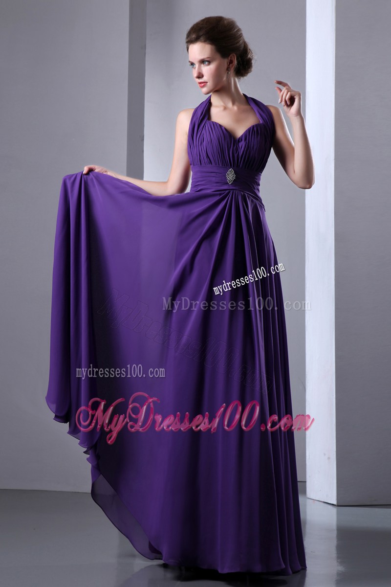 Halter Purple Floor-length Chiffon Dresses for Prom with Beading and Ruches