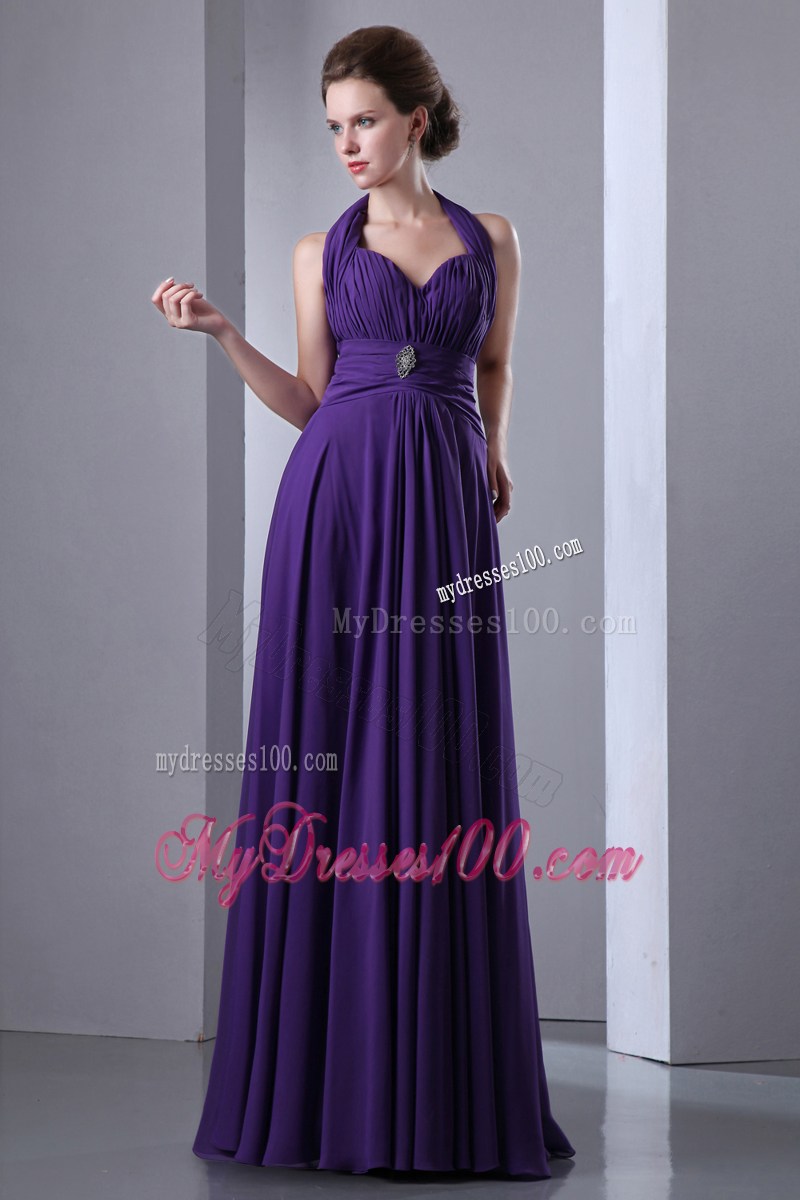 Halter Purple Floor-length Chiffon Dresses for Prom with Beading and Ruches