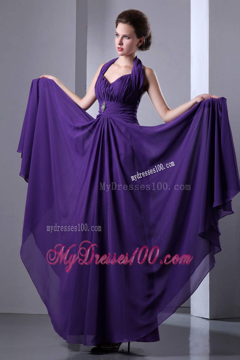 Halter Purple Floor-length Chiffon Dresses for Prom with Beading and Ruches