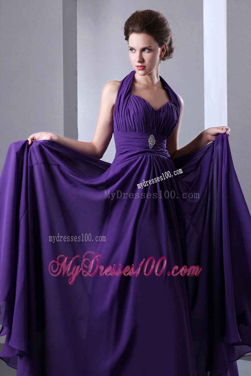 Halter Purple Floor-length Chiffon Dresses for Prom with Beading and Ruches