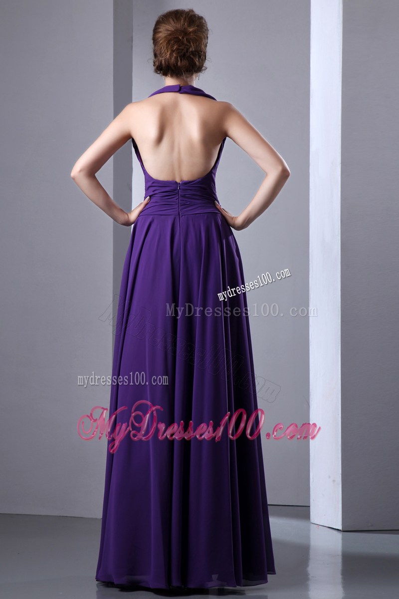 Halter Purple Floor-length Chiffon Dresses for Prom with Beading and Ruches