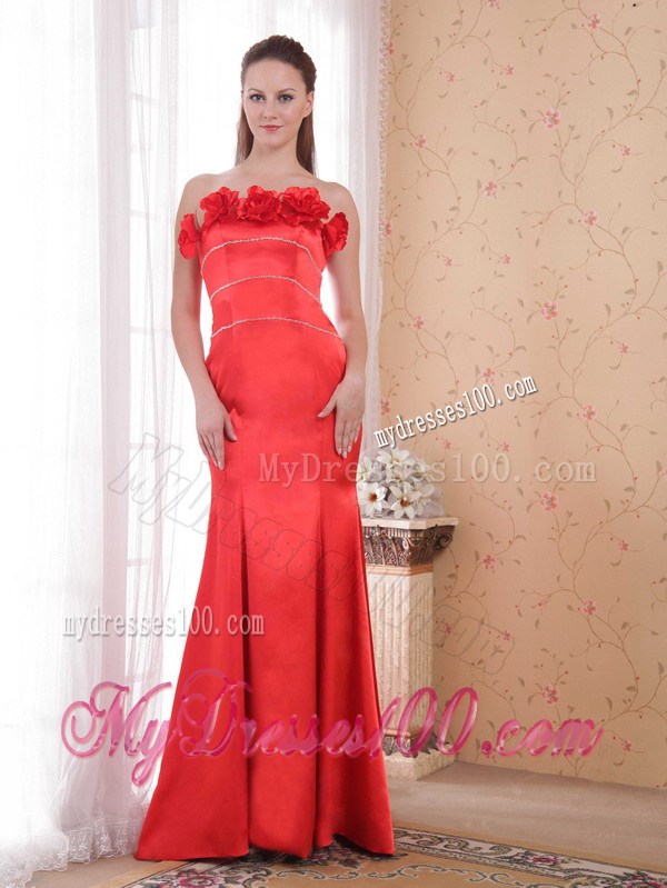 Hand-made Flowers Decorate Red Mermaid Dresses for Prom of Court Train