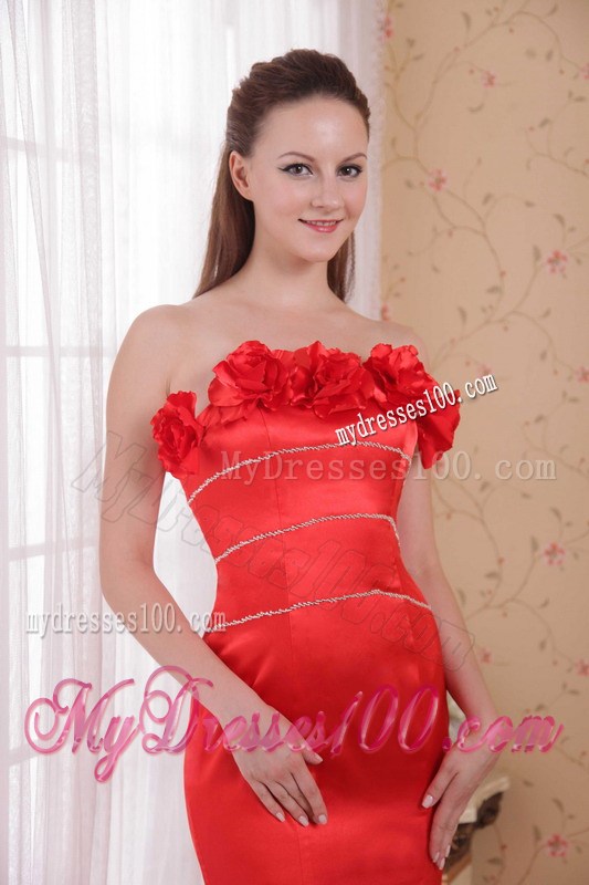 Hand-made Flowers Decorate Red Mermaid Dresses for Prom of Court Train