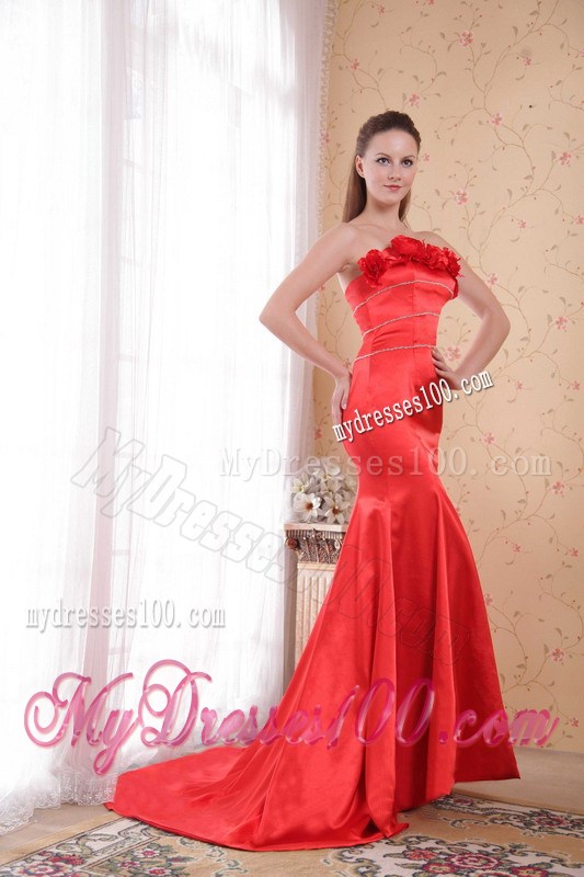 Hand-made Flowers Decorate Red Mermaid Dresses for Prom of Court Train