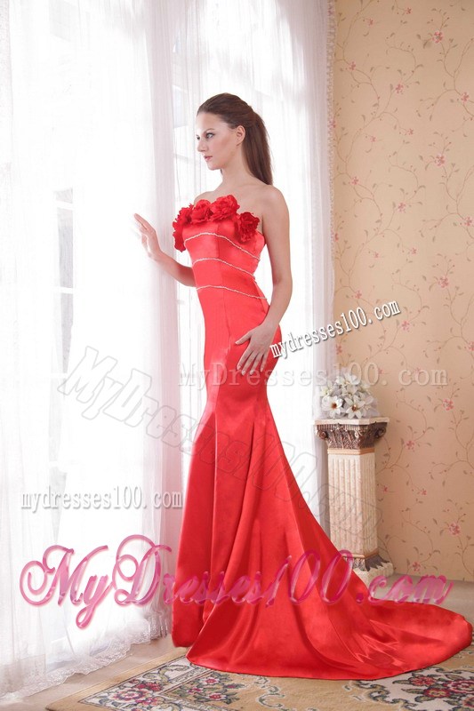 Hand-made Flowers Decorate Red Mermaid Dresses for Prom of Court Train