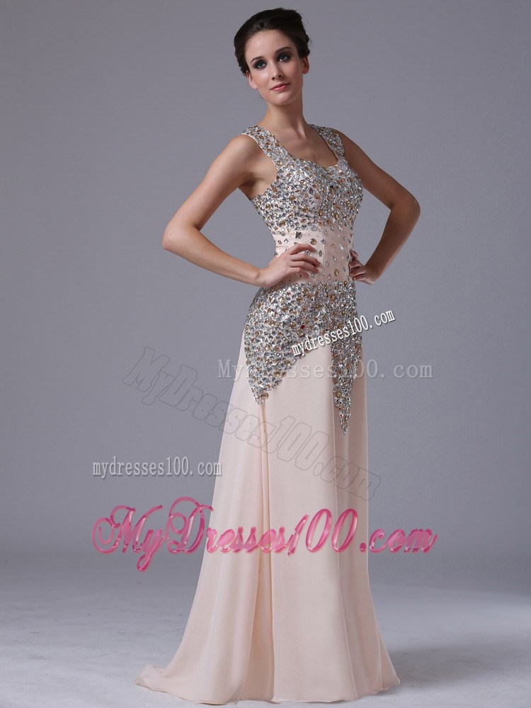 Square Floor-length Zipper-up Prom Gown in Beaded Champagne Chiffon
