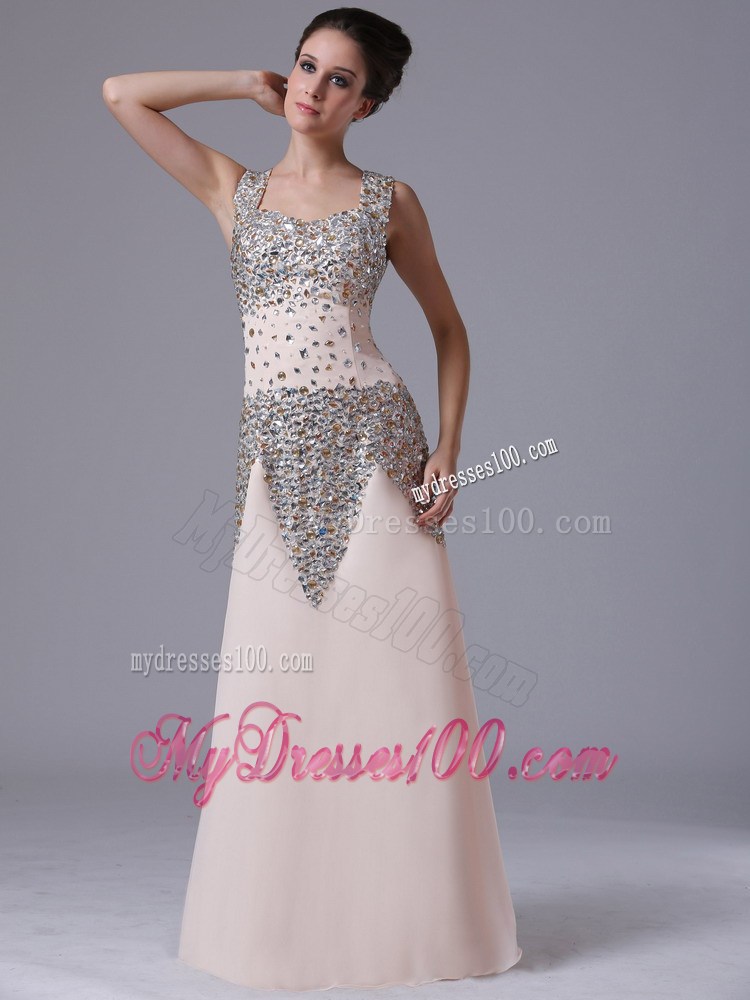 Square Floor-length Zipper-up Prom Gown in Beaded Champagne Chiffon