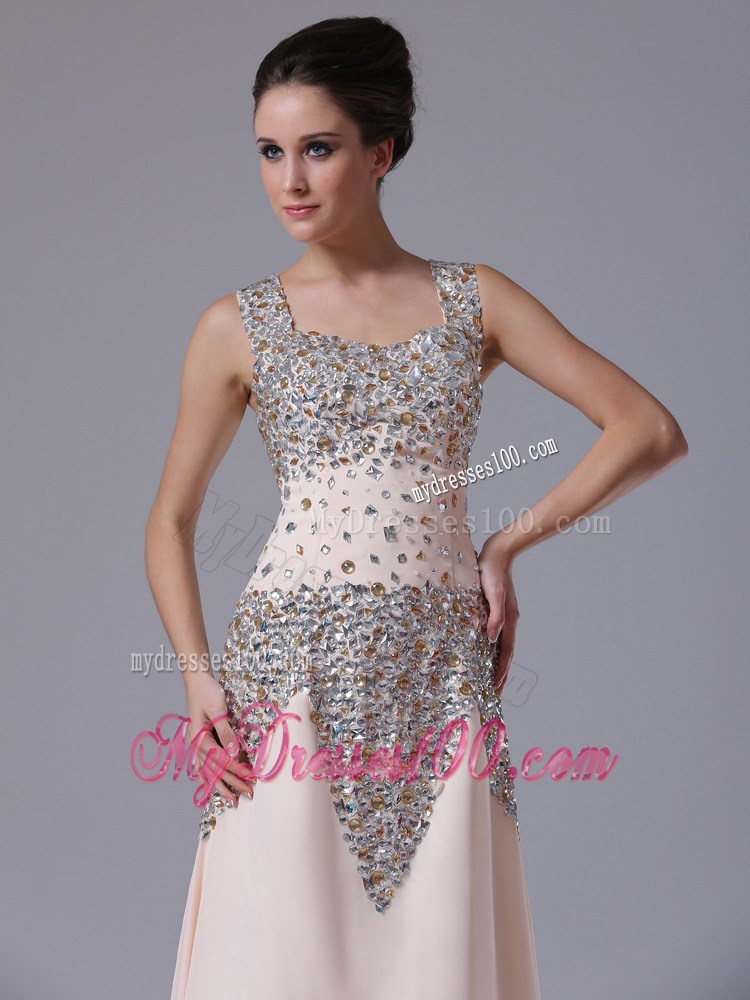 Square Floor-length Zipper-up Prom Gown in Beaded Champagne Chiffon