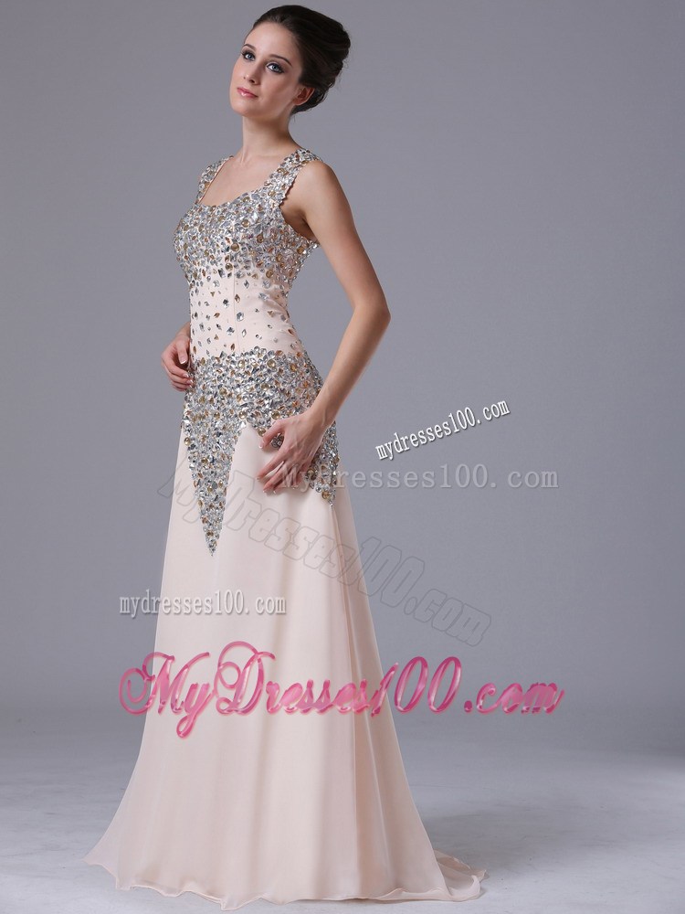 Square Floor-length Zipper-up Prom Gown in Beaded Champagne Chiffon