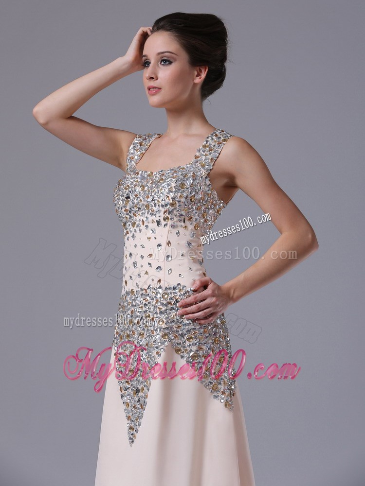 Square Floor-length Zipper-up Prom Gown in Beaded Champagne Chiffon