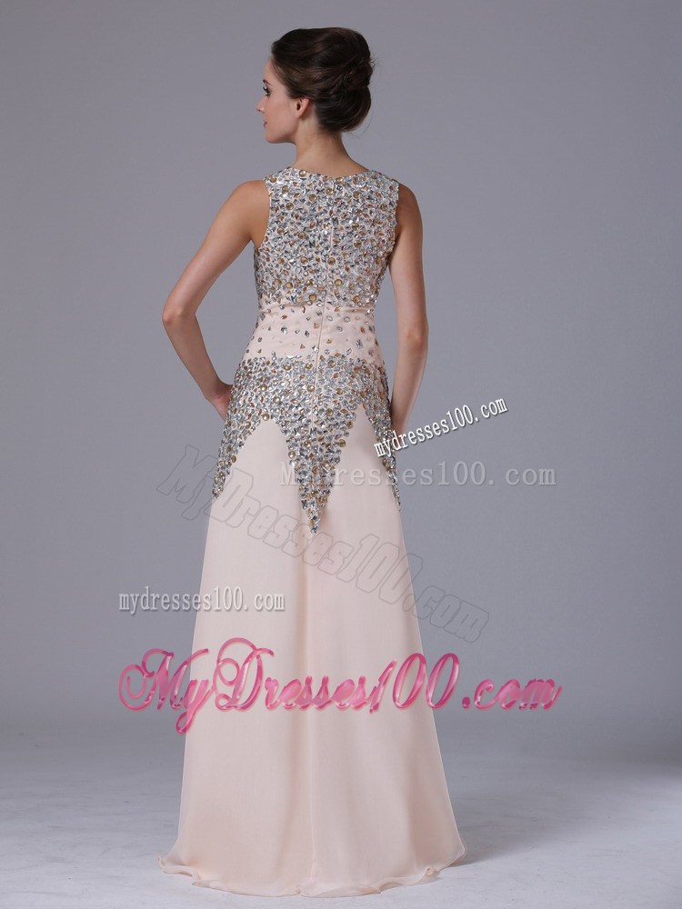 Square Floor-length Zipper-up Prom Gown in Beaded Champagne Chiffon