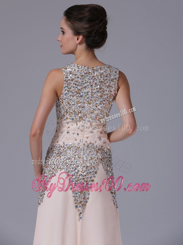 Square Floor-length Zipper-up Prom Gown in Beaded Champagne Chiffon