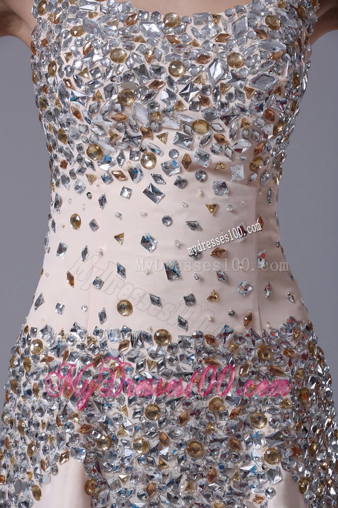 Square Floor-length Zipper-up Prom Gown in Beaded Champagne Chiffon