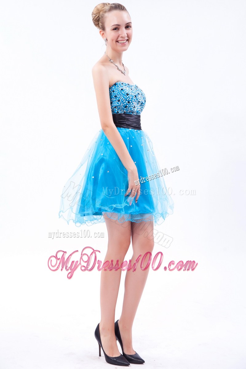 Beautiful Beaded Sky Blue and Black Dresses for Prom of Mini-length Organza