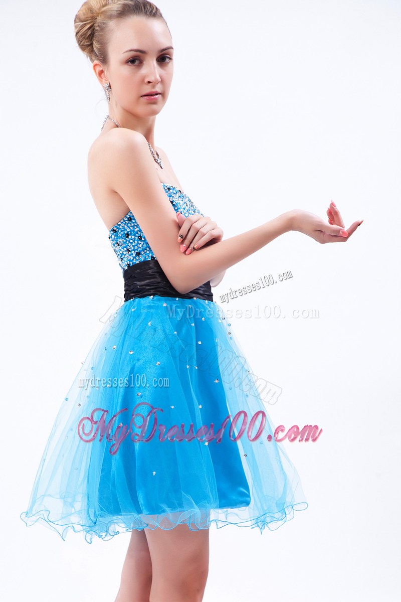 Beautiful Beaded Sky Blue and Black Dresses for Prom of Mini-length Organza