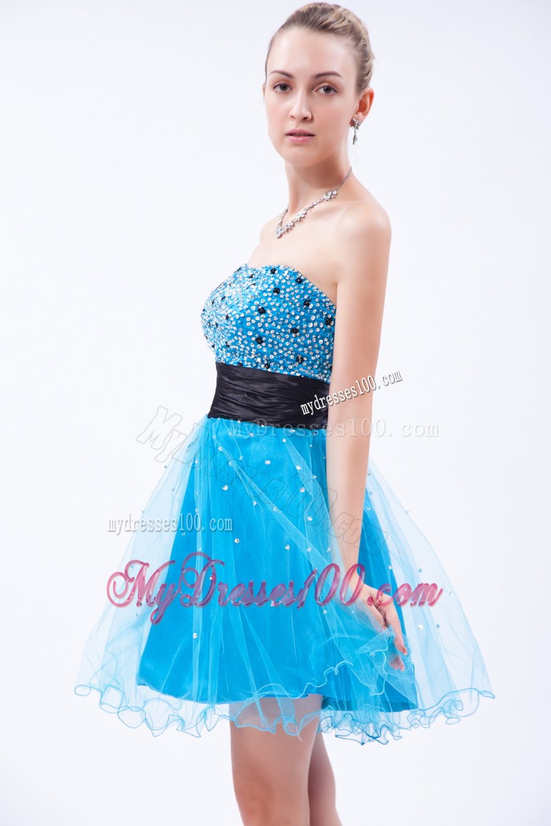 Beautiful Beaded Sky Blue and Black Dresses for Prom of Mini-length Organza