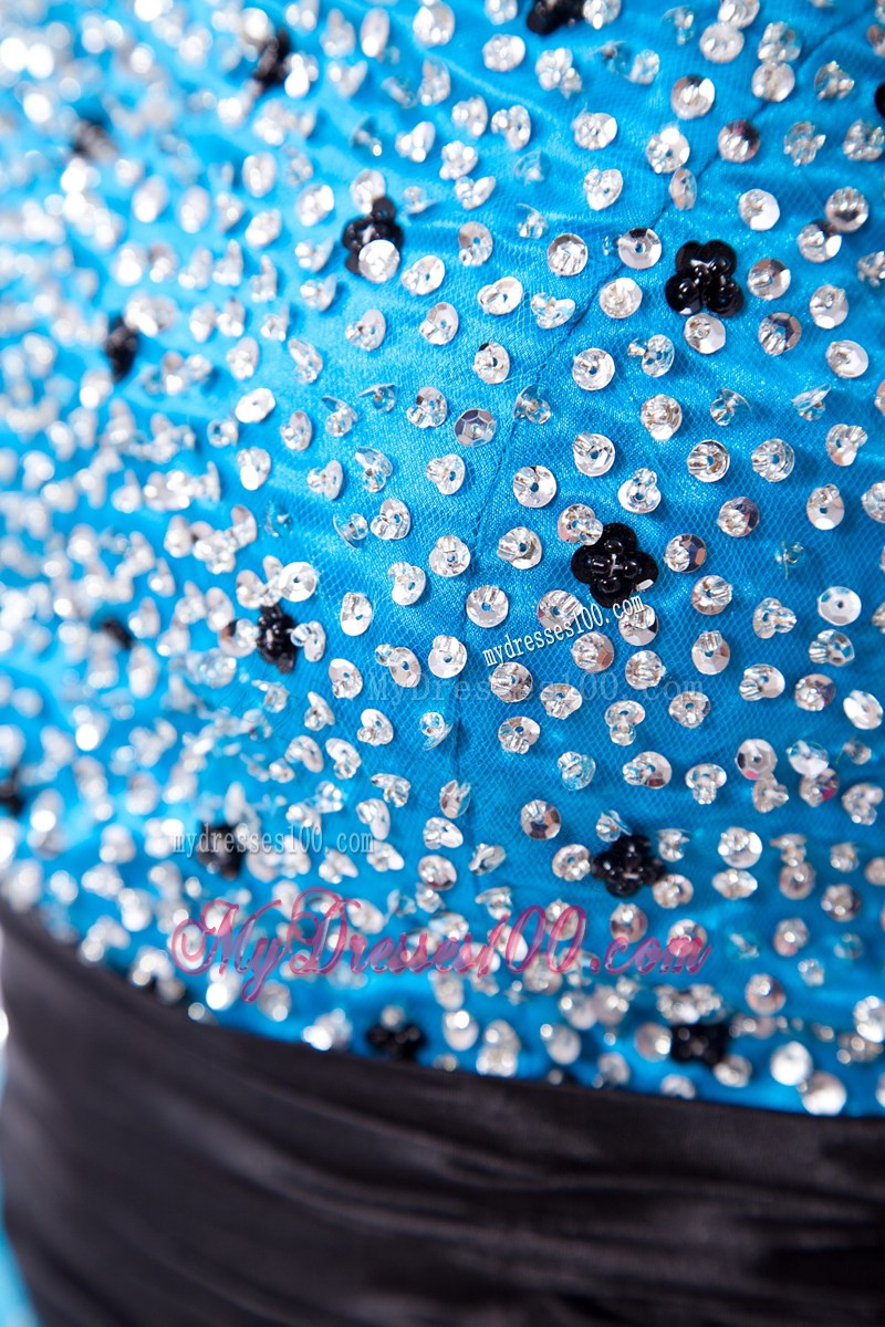 Beautiful Beaded Sky Blue and Black Dresses for Prom of Mini-length Organza