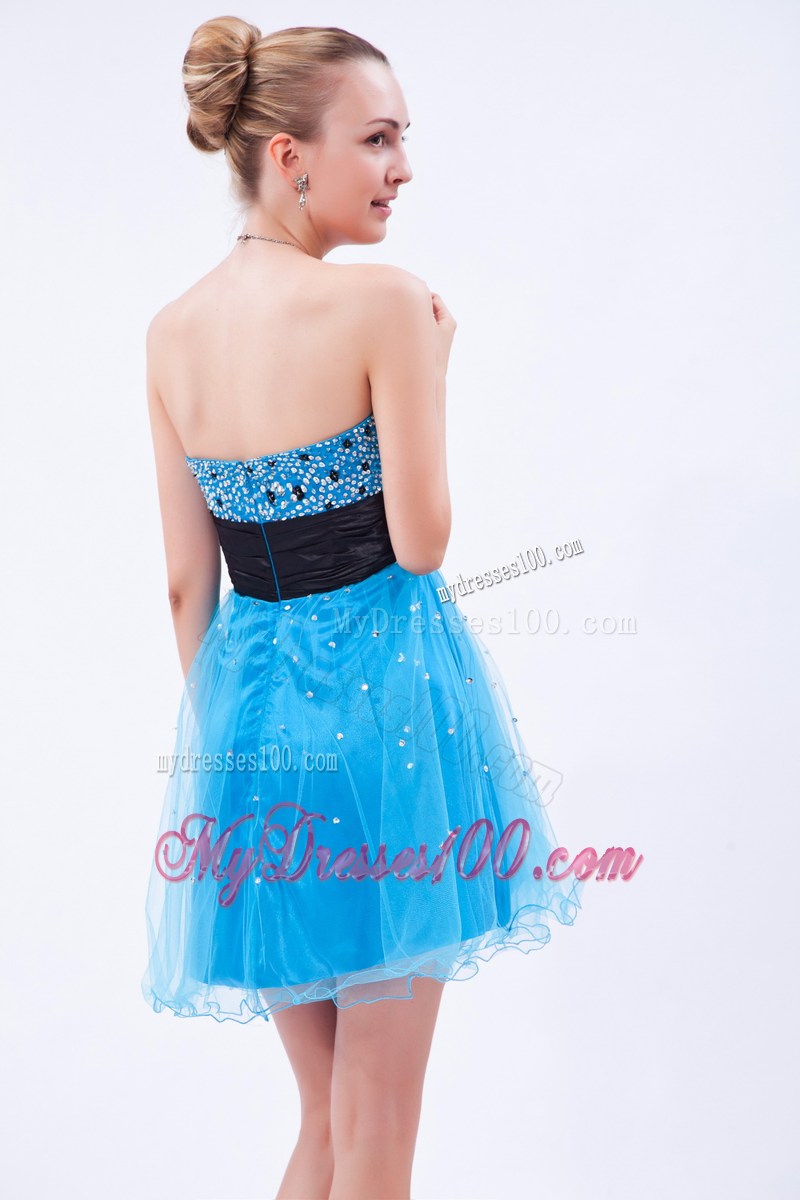 Beautiful Beaded Sky Blue and Black Dresses for Prom of Mini-length Organza