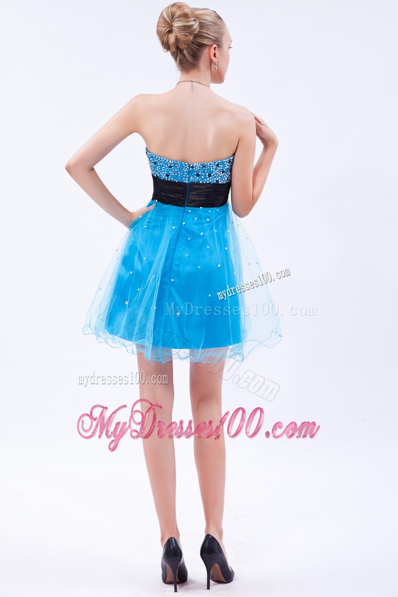Beautiful Beaded Sky Blue and Black Dresses for Prom of Mini-length Organza