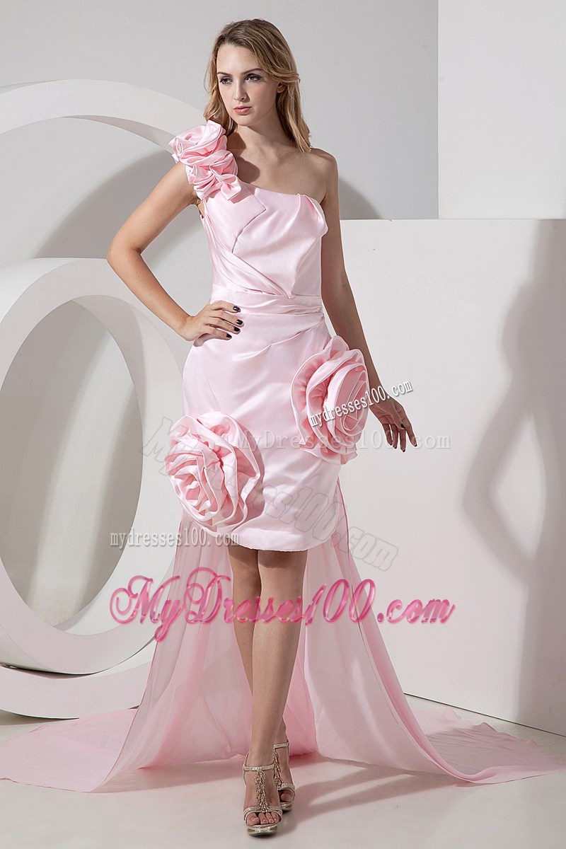 Flowers and Ruches Decorate High-low Chiffon Prom Dress in Baby Pink