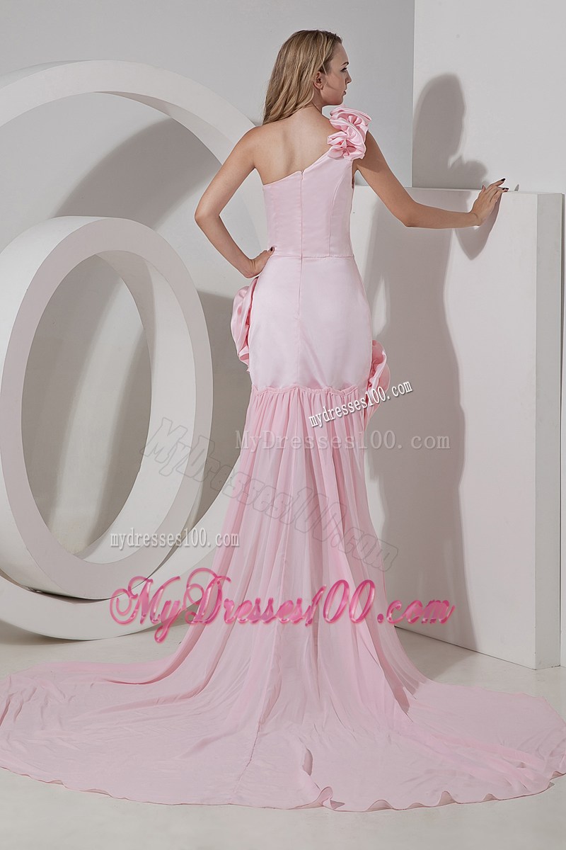 Flowers and Ruches Decorate High-low Chiffon Prom Dress in Baby Pink