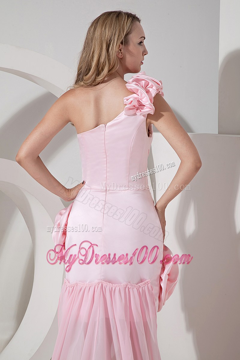 Flowers and Ruches Decorate High-low Chiffon Prom Dress in Baby Pink