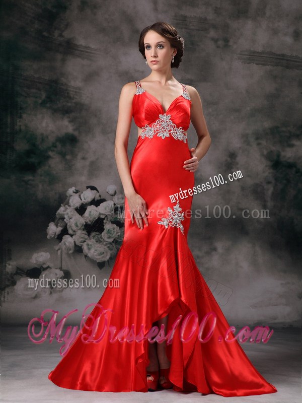 Appliques Accent Red High-low Prom Dress with the Waist and Back Cut Out