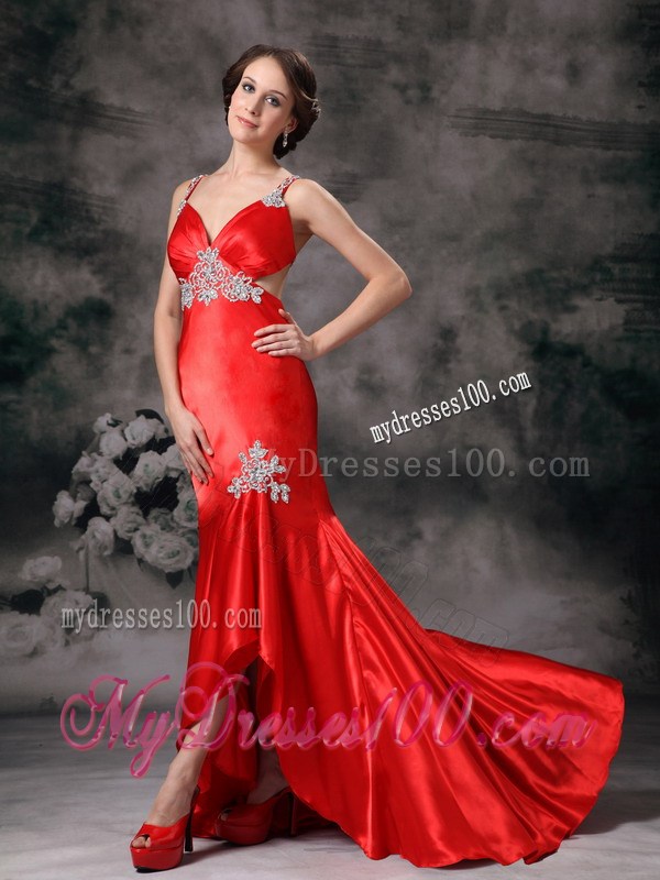 Appliques Accent Red High-low Prom Dress with the Waist and Back Cut Out