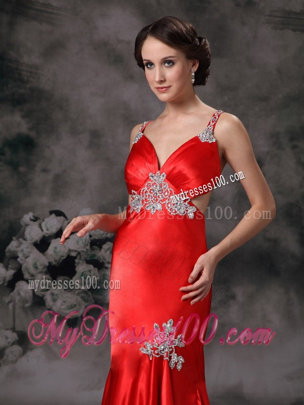 Appliques Accent Red High-low Prom Dress with the Waist and Back Cut Out