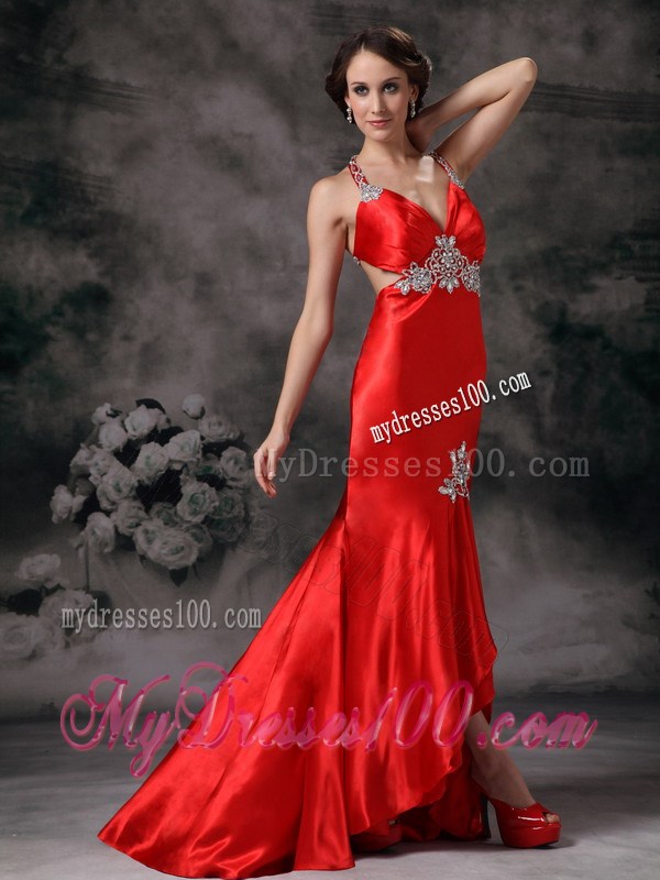 Appliques Accent Red High-low Prom Dress with the Waist and Back Cut Out