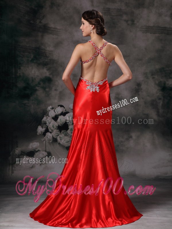 Appliques Accent Red High-low Prom Dress with the Waist and Back Cut Out