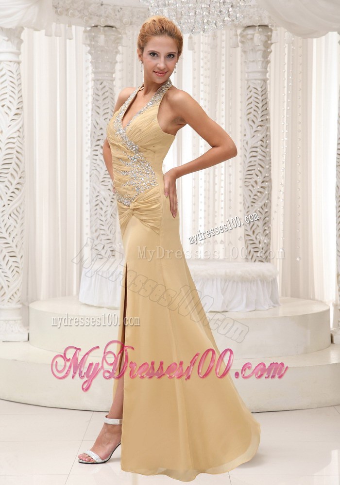 Halter V-neck Beaded and Ruched Long Side Slit Prom Gown in Champagne