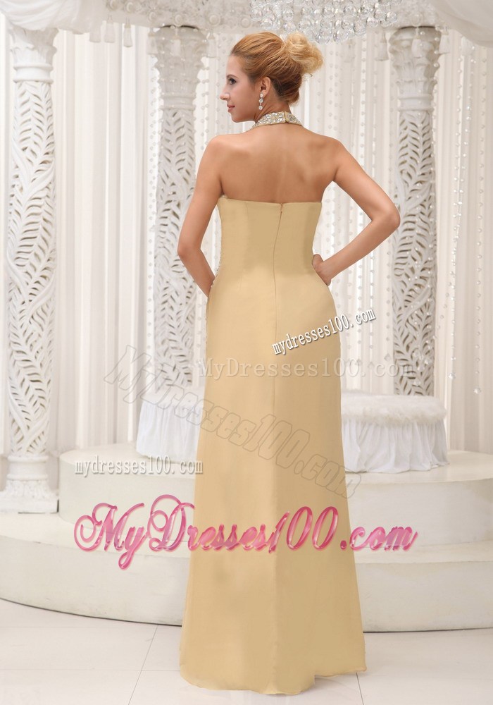 Halter V-neck Beaded and Ruched Long Side Slit Prom Gown in Champagne