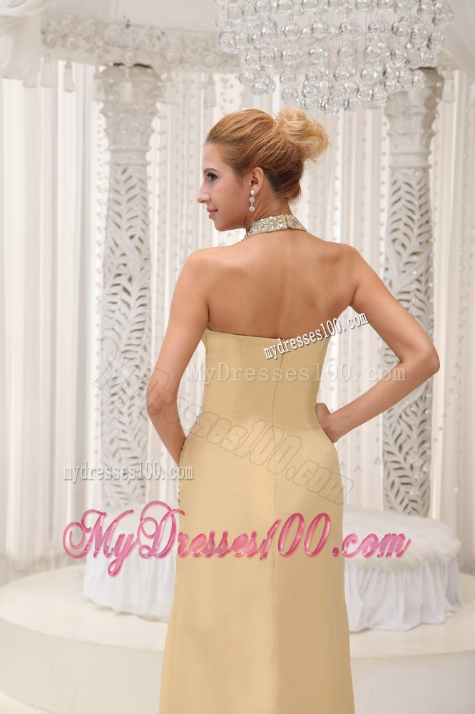 Halter V-neck Beaded and Ruched Long Side Slit Prom Gown in Champagne