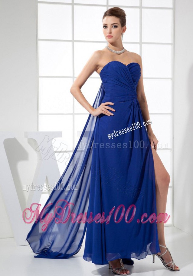 Royal Blue Sweetheart Ruched Chiffon Prom Dress with High Slit and Watteau Train