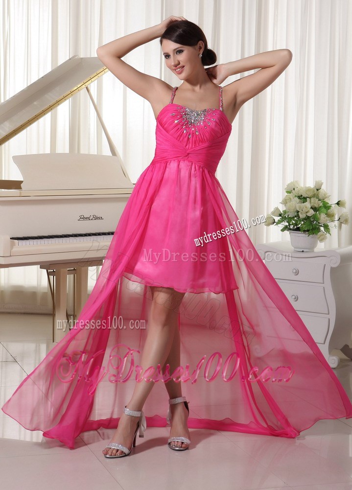 Spaghetti Straps and High-low Prom Dress with Beading in Hot Pink