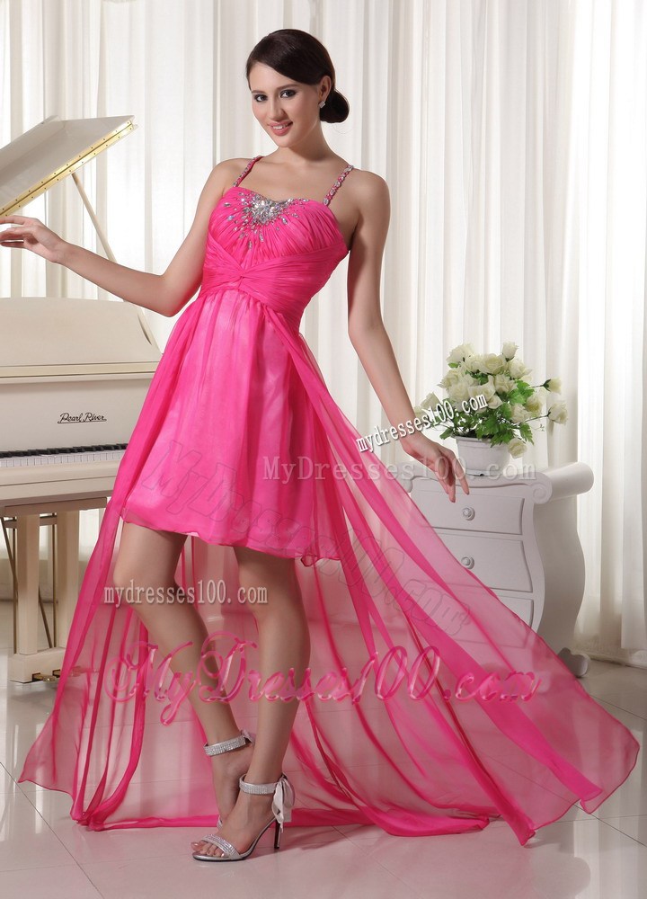 Spaghetti Straps and High-low Prom Dress with Beading in Hot Pink