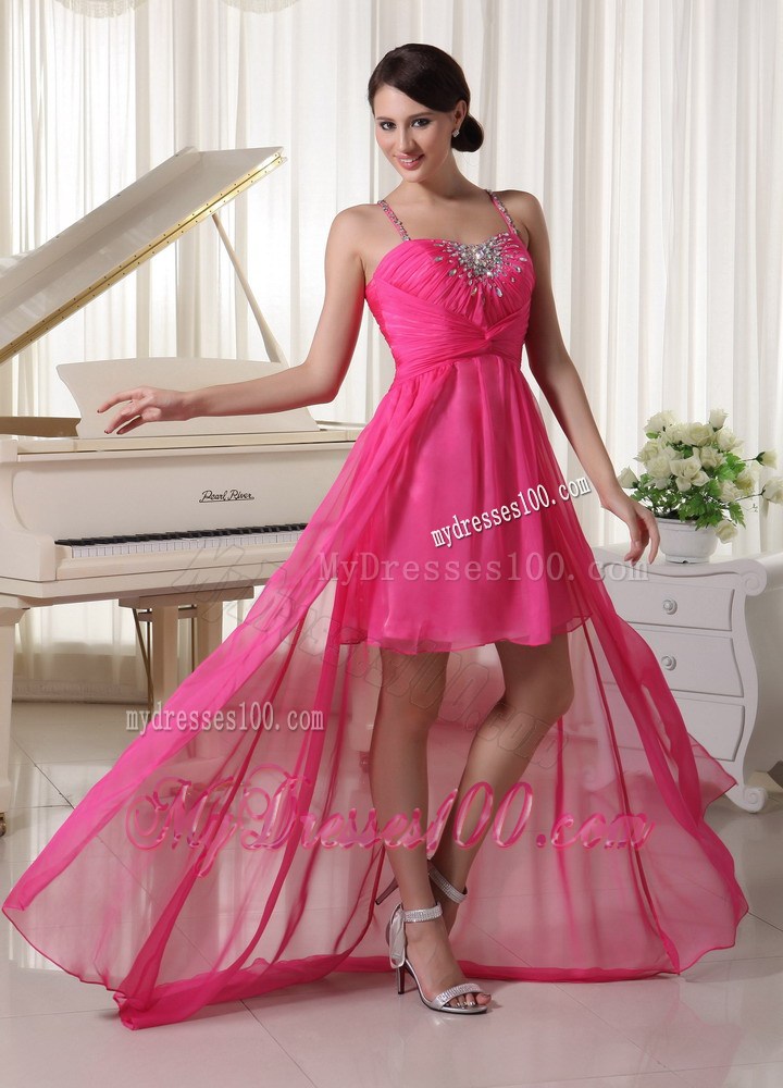 Spaghetti Straps and High-low Prom Dress with Beading in Hot Pink
