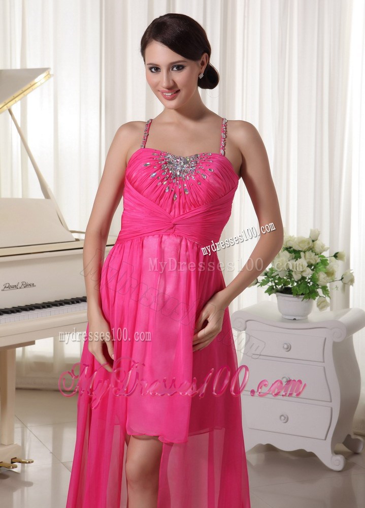 Spaghetti Straps and High-low Prom Dress with Beading in Hot Pink