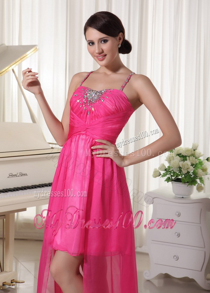 Spaghetti Straps and High-low Prom Dress with Beading in Hot Pink