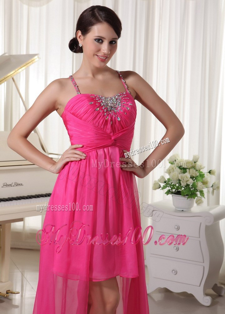 Spaghetti Straps and High-low Prom Dress with Beading in Hot Pink