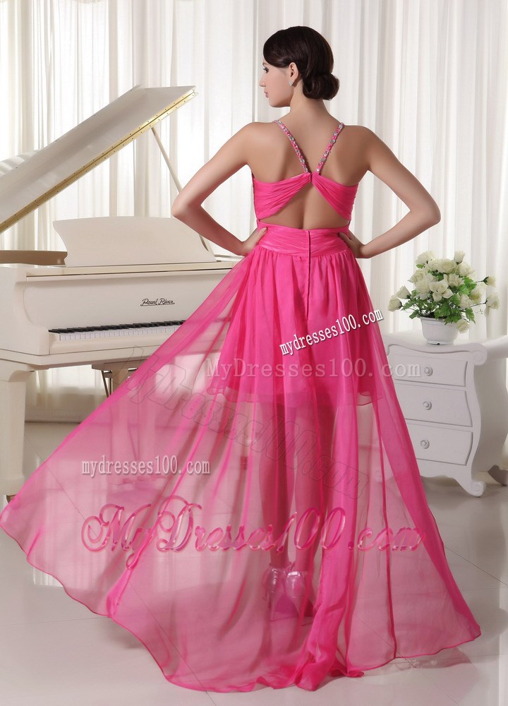 Spaghetti Straps and High-low Prom Dress with Beading in Hot Pink