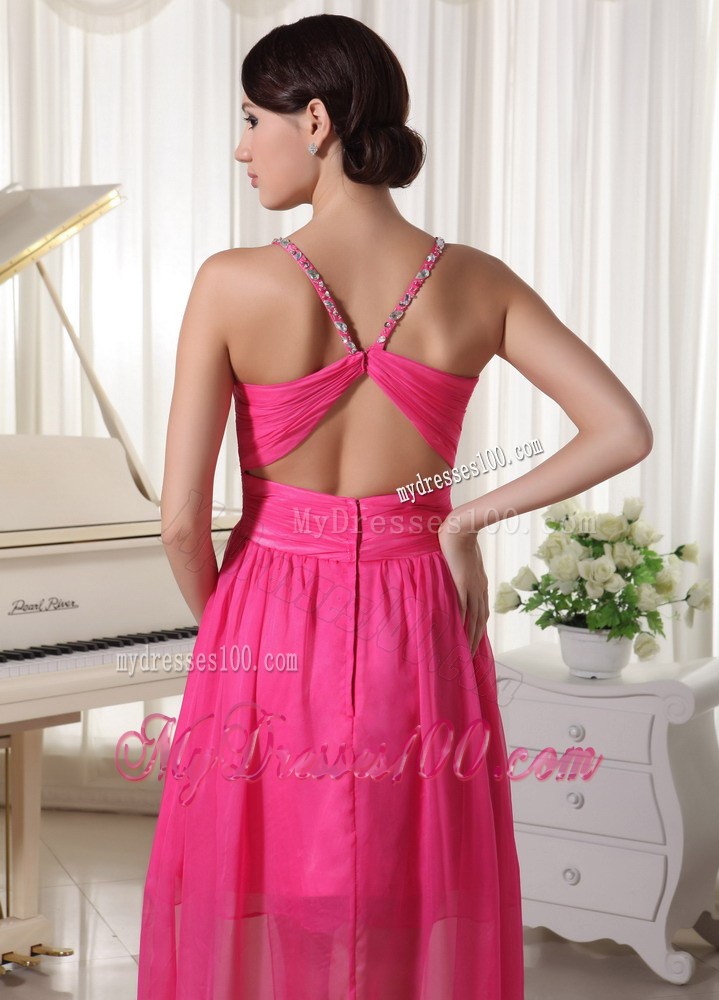 Spaghetti Straps and High-low Prom Dress with Beading in Hot Pink