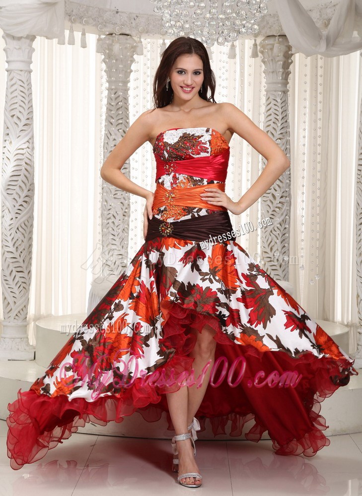 Strapless Colorful Print High-low Dresses for Prom with Flouncing Hemline