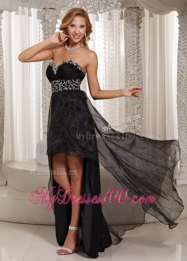 Beaded Sweetheart and Waist Black Chiffon Dresses for Prom of High-low