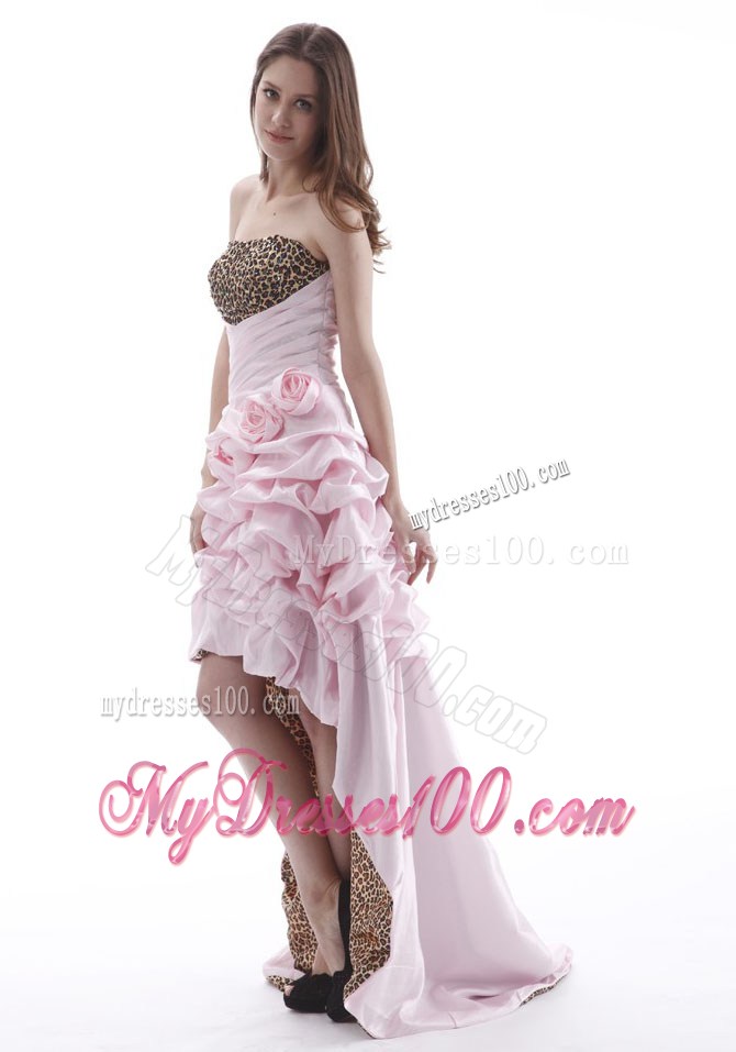 Flowers and Pick-ups Accent on High-low Prom Dress with Leopard Print