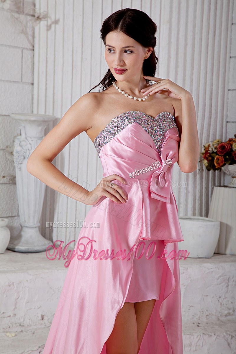Bowknot and Beading Accent on High-low Prom Dresses with Court Train in Rose Pink