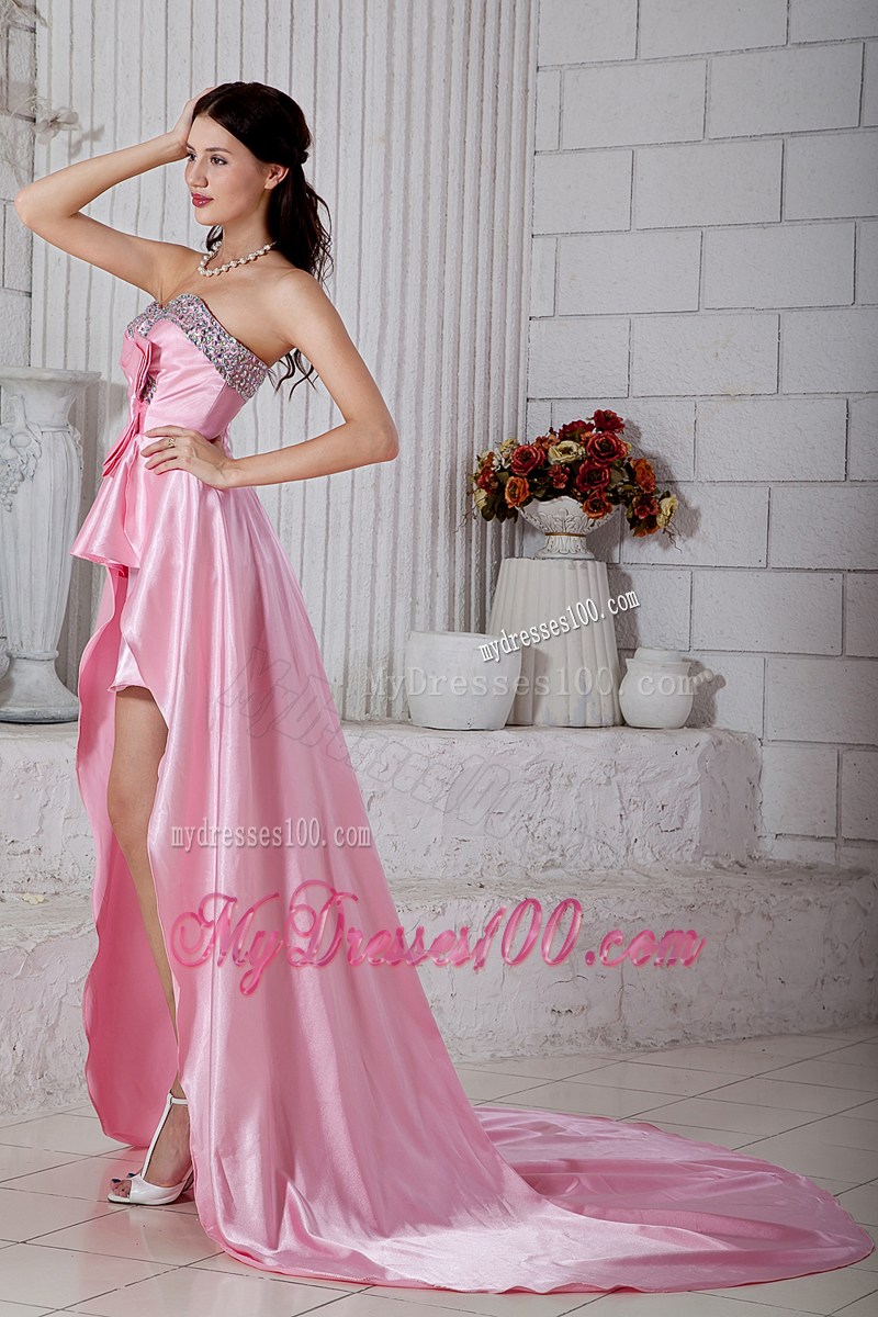 Bowknot and Beading Accent on High-low Prom Dresses with Court Train in Rose Pink